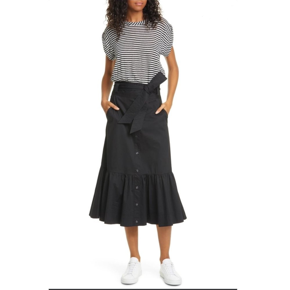 Veronica Beard Black Midi Ruffle-Hem Skirt